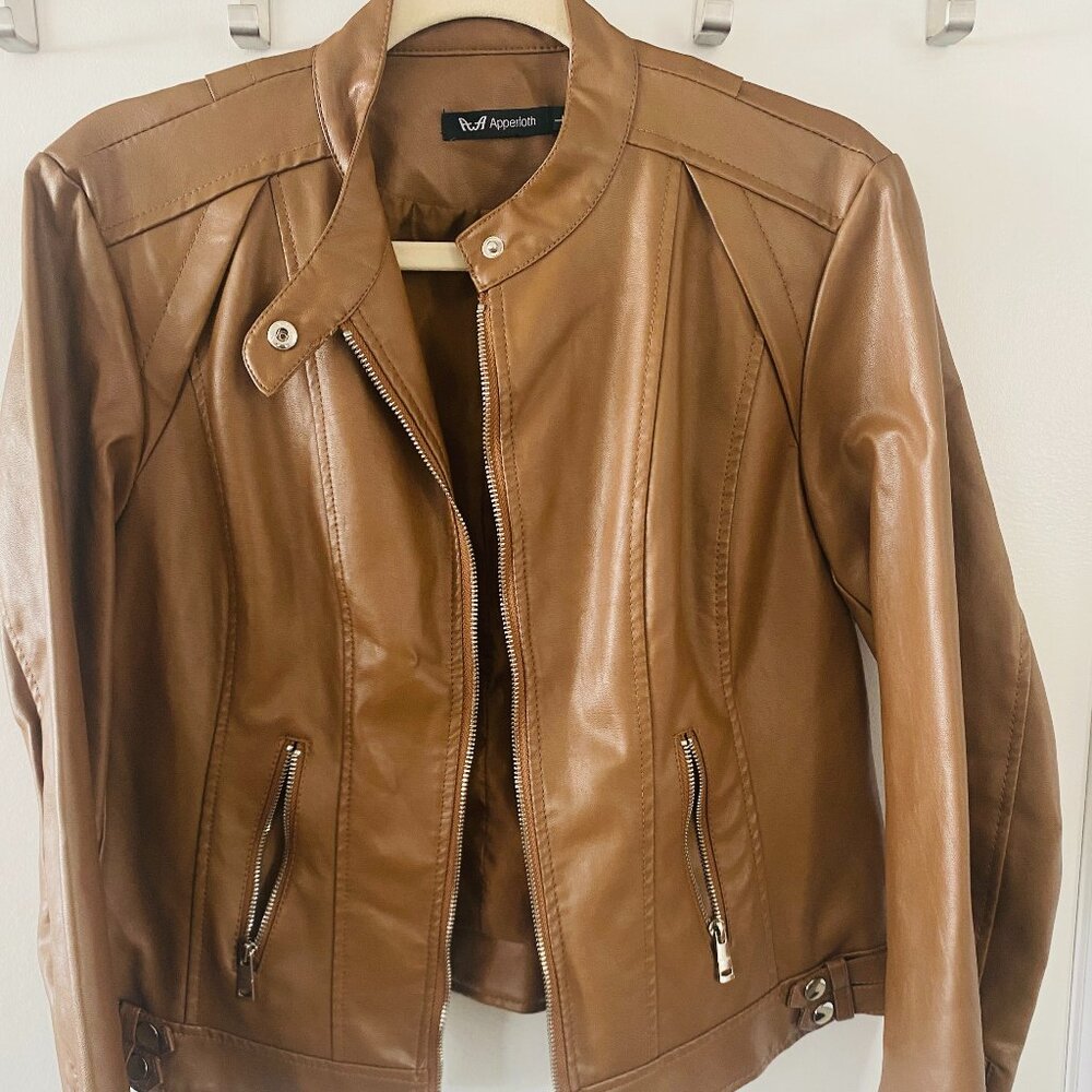 Apperloth A Faux Leather Moto Jacket, Women's L, Camel Brown